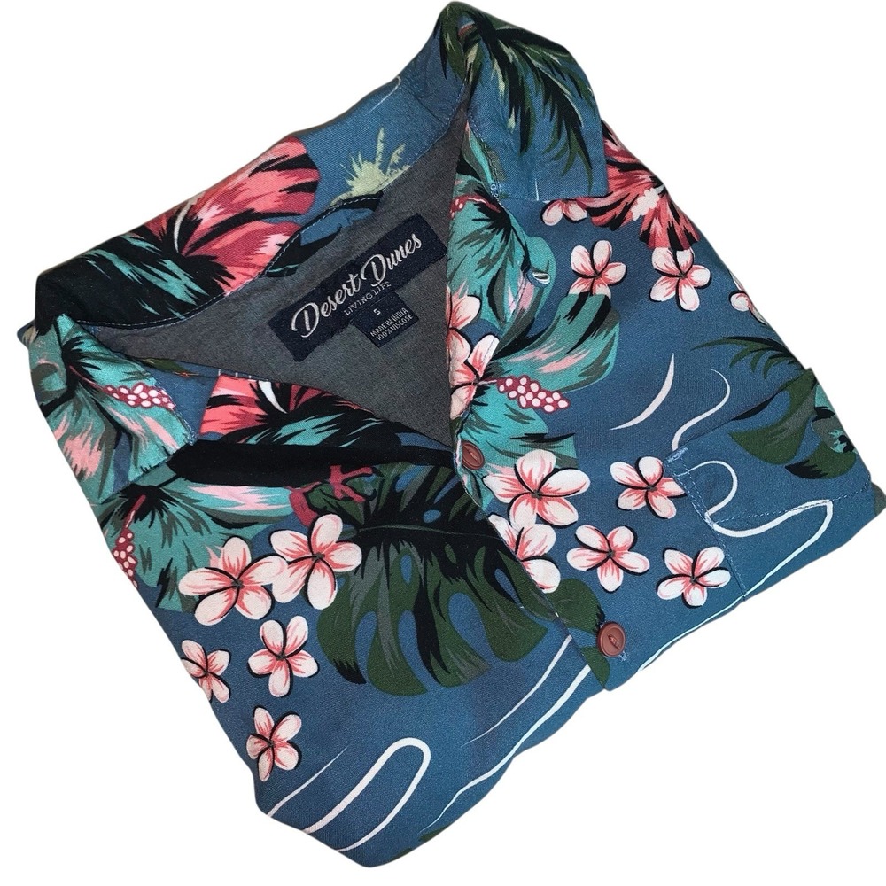 DESERT DUNES Men's Hawaiian Button Front Shirt S Blue Tropical‎ Florals Toucans